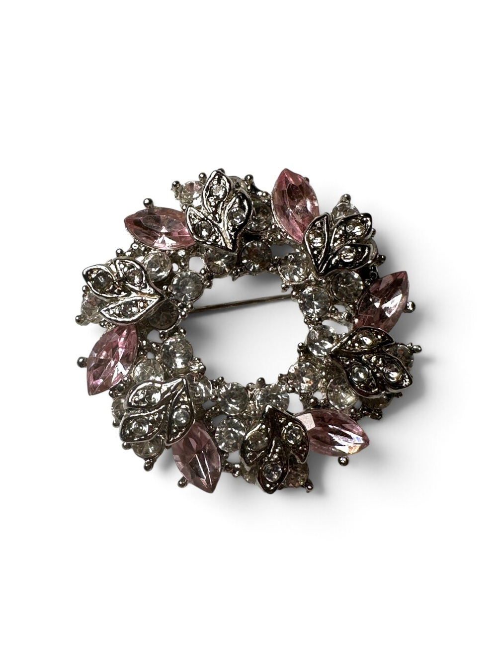 Vintage Pink and Clear Rhinestone Floral Wreath Brooch